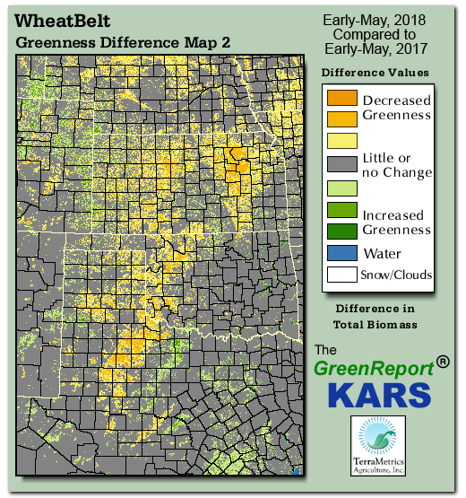 Color-coded Wheat Belt vegetation greeness index map for Period 20 of 2018, illustrating spatial variations in plant vigor, with greener tones indicating higher biomass and browner tones indicating stressed vegetation,
              comparing current crop/vegetation change in biomass to same period from the previous year.