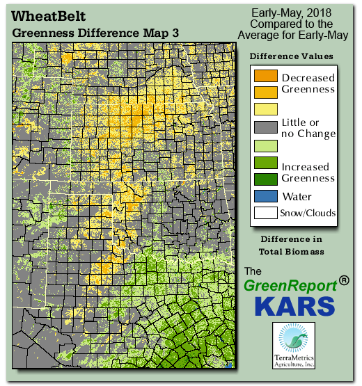 Color-coded Wheat Belt vegetation greeness index map for Period 20 of 2018, illustrating spatial variations in plant vigor, with greener tones indicating higher biomass and browner tones indicating stressed vegetation,
              comparing current crop/vegetation change in biomass to the 20-year greenness average.