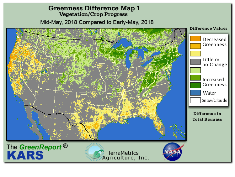 Color-coded U.S. vegetation greeness index map for Period 21 of 2018, illustrating spatial variations in plant vigor, with greener tones indicating higher biomass and browner tones indicating stressed vegetation,
              comparing current crop/vegetation change in biomass to the previous week within the same year.