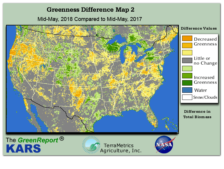 Color-coded U.S. vegetation greeness index map for Period 21 of 2018, illustrating spatial variations in plant vigor, with greener tones indicating higher biomass and browner tones indicating stressed vegetation,
              comparing current crop/vegetation change in biomass to same period from the previous year.