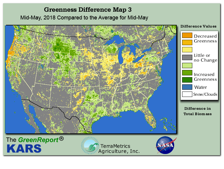 Color-coded U.S. vegetation greeness index map for Period 21 of 2018, illustrating spatial variations in plant vigor, with greener tones indicating higher biomass and browner tones indicating stressed vegetation,
              comparing current crop/vegetation change in biomass to the 20-year greenness average.