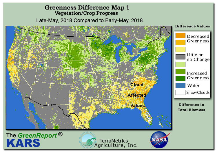 Color-coded U.S. vegetation greeness index map for Period 22 of 2018, illustrating spatial variations in plant vigor, with greener tones indicating higher biomass and browner tones indicating stressed vegetation,
              comparing current crop/vegetation change in biomass to the previous week within the same year.