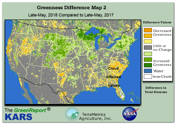 Color-coded U.S. vegetation greeness index map for Period 22 of 2018, illustrating spatial variations in plant vigor, with greener tones indicating higher biomass and browner tones indicating stressed vegetation,
              comparing current crop/vegetation change in biomass to same period from the previous year.