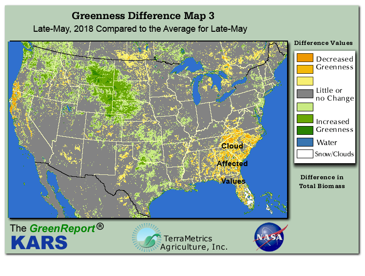 Color-coded U.S. vegetation greeness index map for Period 22 of 2018, illustrating spatial variations in plant vigor, with greener tones indicating higher biomass and browner tones indicating stressed vegetation,
              comparing current crop/vegetation change in biomass to the 20-year greenness average.