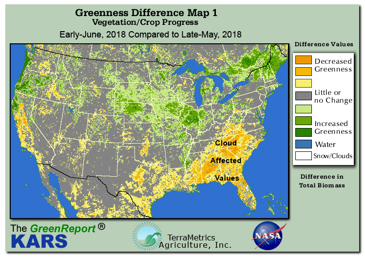 Color-coded U.S. vegetation greeness index map for Period 23 of 2018, illustrating spatial variations in plant vigor, with greener tones indicating higher biomass and browner tones indicating stressed vegetation,
              comparing current crop/vegetation change in biomass to the previous week within the same year.