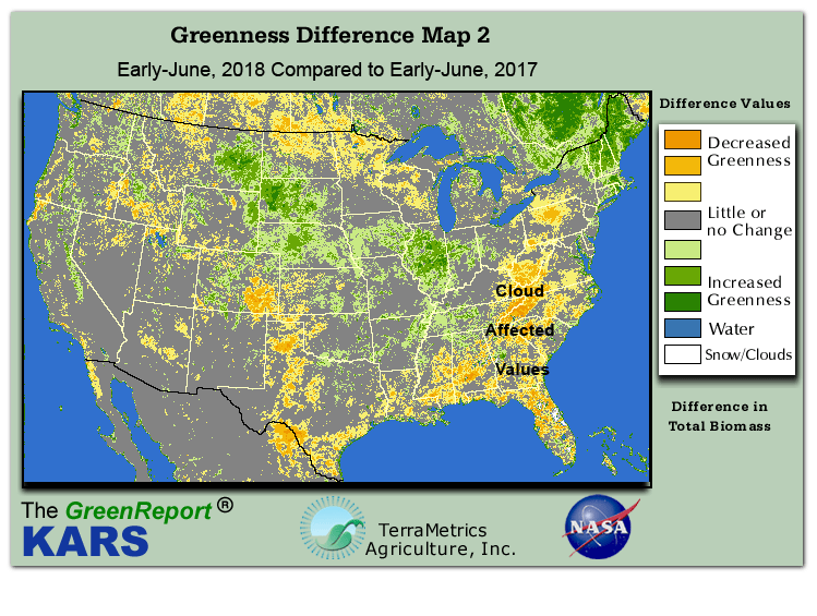 Color-coded U.S. vegetation greeness index map for Period 23 of 2018, illustrating spatial variations in plant vigor, with greener tones indicating higher biomass and browner tones indicating stressed vegetation,
              comparing current crop/vegetation change in biomass to same period from the previous year.