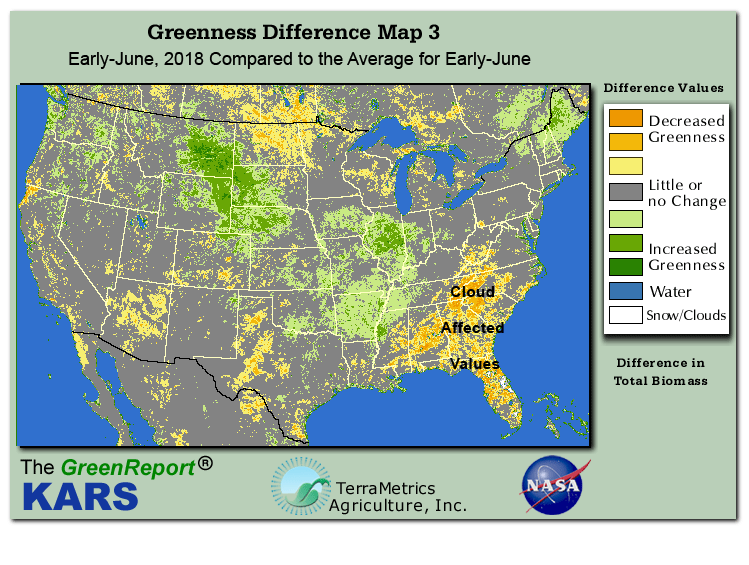 Color-coded U.S. vegetation greeness index map for Period 23 of 2018, illustrating spatial variations in plant vigor, with greener tones indicating higher biomass and browner tones indicating stressed vegetation,
              comparing current crop/vegetation change in biomass to the 20-year greenness average.