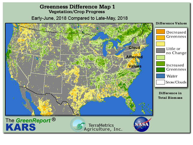 Color-coded U.S. vegetation greeness index map for Period 24 of 2018, illustrating spatial variations in plant vigor, with greener tones indicating higher biomass and browner tones indicating stressed vegetation,
              comparing current crop/vegetation change in biomass to the previous week within the same year.