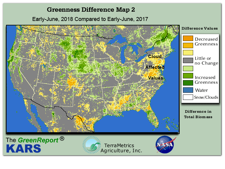 Color-coded U.S. vegetation greeness index map for Period 24 of 2018, illustrating spatial variations in plant vigor, with greener tones indicating higher biomass and browner tones indicating stressed vegetation,
              comparing current crop/vegetation change in biomass to same period from the previous year.