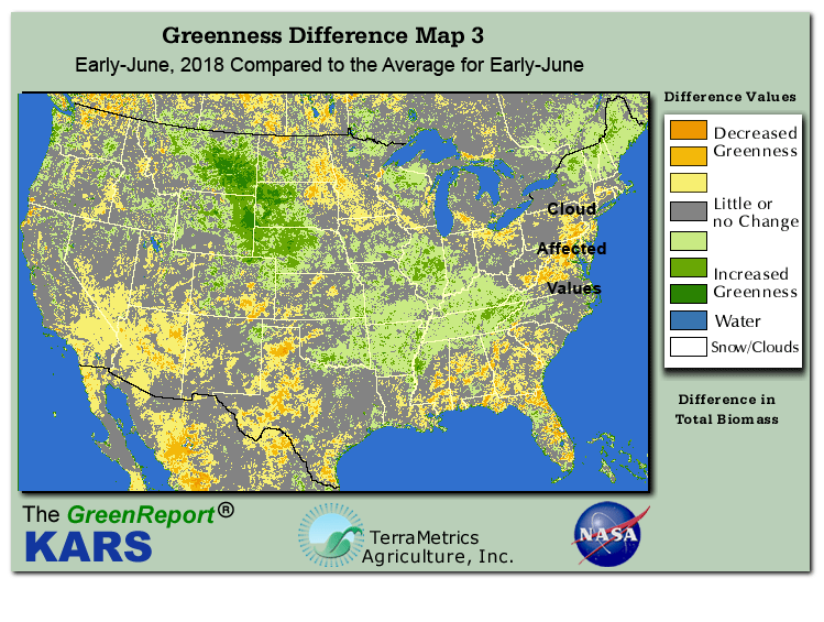 Color-coded U.S. vegetation greeness index map for Period 24 of 2018, illustrating spatial variations in plant vigor, with greener tones indicating higher biomass and browner tones indicating stressed vegetation,
              comparing current crop/vegetation change in biomass to the 20-year greenness average.