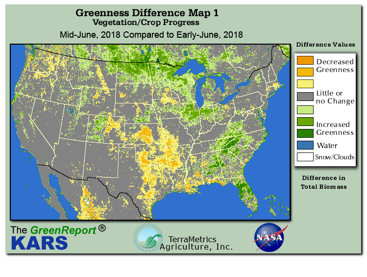 Color-coded U.S. vegetation greeness index map for Period 25 of 2018, illustrating spatial variations in plant vigor, with greener tones indicating higher biomass and browner tones indicating stressed vegetation,
              comparing current crop/vegetation change in biomass to the previous week within the same year.