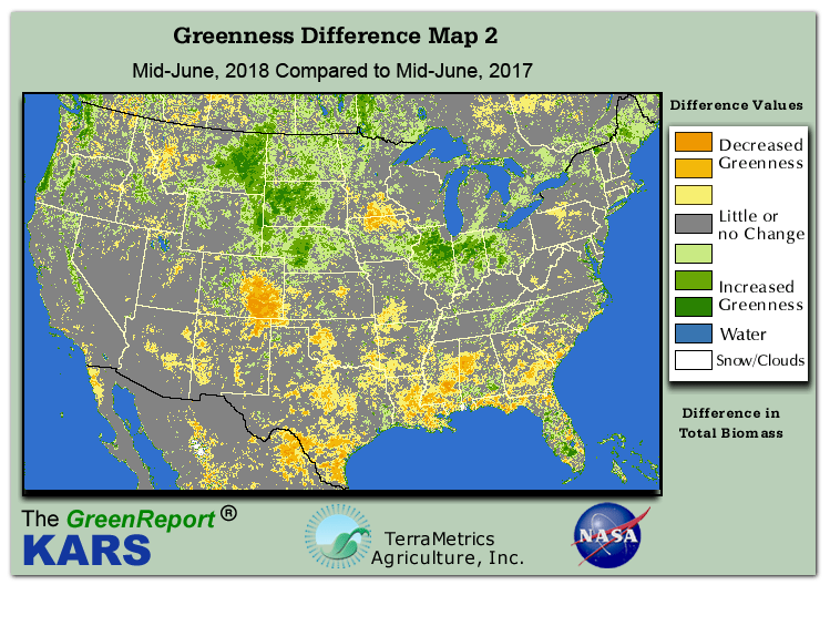Color-coded U.S. vegetation greeness index map for Period 25 of 2018, illustrating spatial variations in plant vigor, with greener tones indicating higher biomass and browner tones indicating stressed vegetation,
              comparing current crop/vegetation change in biomass to same period from the previous year.