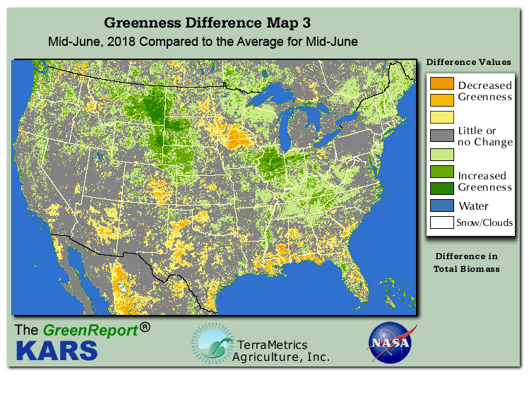 Color-coded U.S. vegetation greeness index map for Period 25 of 2018, illustrating spatial variations in plant vigor, with greener tones indicating higher biomass and browner tones indicating stressed vegetation,
              comparing current crop/vegetation change in biomass to the 20-year greenness average.