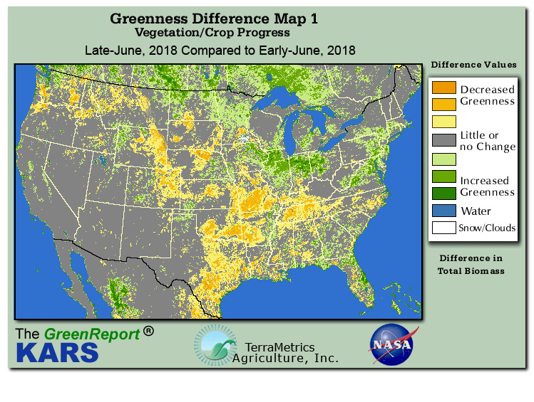 Color-coded U.S. vegetation greeness index map for Period 26 of 2018, illustrating spatial variations in plant vigor, with greener tones indicating higher biomass and browner tones indicating stressed vegetation,
              comparing current crop/vegetation change in biomass to the previous week within the same year.