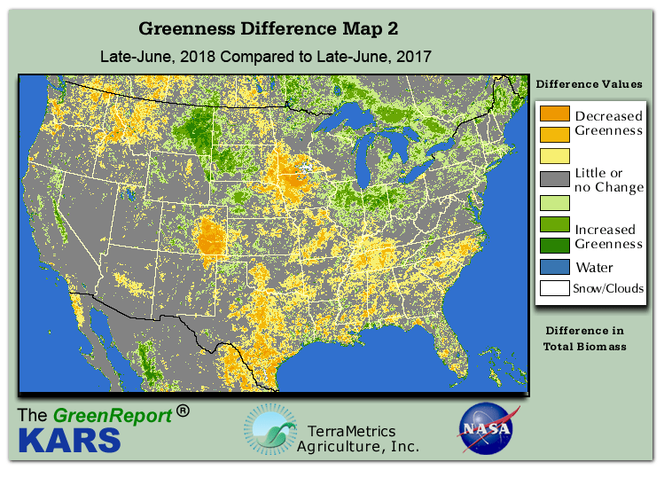 Color-coded U.S. vegetation greeness index map for Period 26 of 2018, illustrating spatial variations in plant vigor, with greener tones indicating higher biomass and browner tones indicating stressed vegetation,
              comparing current crop/vegetation change in biomass to same period from the previous year.