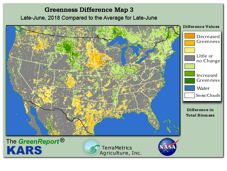 Color-coded U.S. vegetation greeness index map for Period 26 of 2018, illustrating spatial variations in plant vigor, with greener tones indicating higher biomass and browner tones indicating stressed vegetation,
              comparing current crop/vegetation change in biomass to the 20-year greenness average.