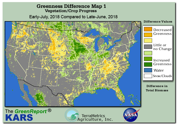 Color-coded U.S. vegetation greeness index map for Period 27 of 2018, illustrating spatial variations in plant vigor, with greener tones indicating higher biomass and browner tones indicating stressed vegetation,
              comparing current crop/vegetation change in biomass to the previous week within the same year.