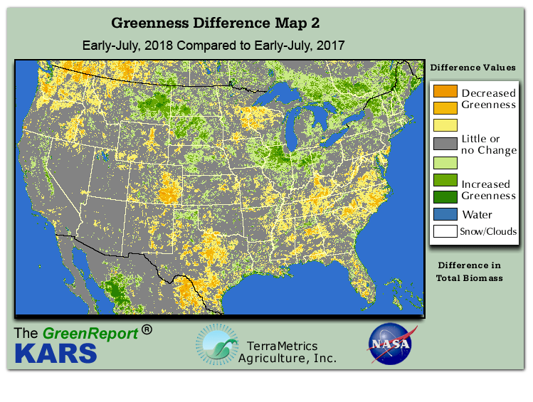 Color-coded U.S. vegetation greeness index map for Period 27 of 2018, illustrating spatial variations in plant vigor, with greener tones indicating higher biomass and browner tones indicating stressed vegetation,
              comparing current crop/vegetation change in biomass to same period from the previous year.