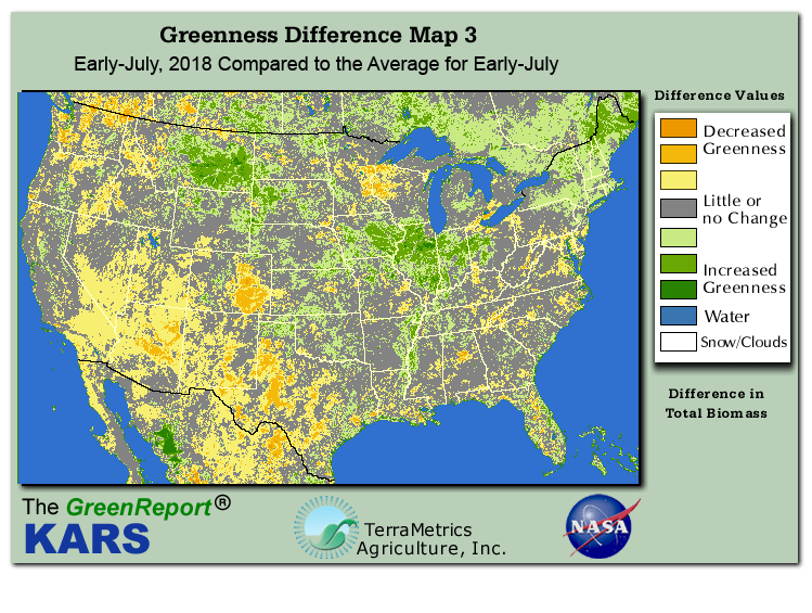 Color-coded U.S. vegetation greeness index map for Period 27 of 2018, illustrating spatial variations in plant vigor, with greener tones indicating higher biomass and browner tones indicating stressed vegetation,
              comparing current crop/vegetation change in biomass to the 20-year greenness average.