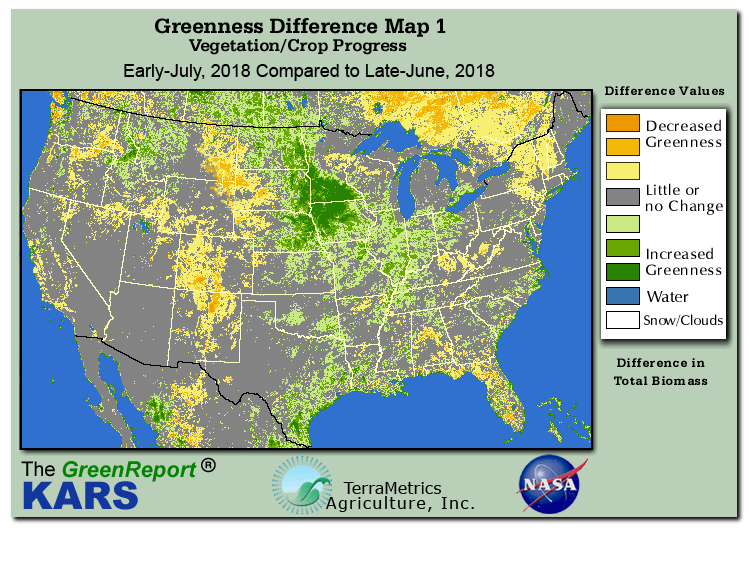 Color-coded U.S. vegetation greeness index map for Period 28 of 2018, illustrating spatial variations in plant vigor, with greener tones indicating higher biomass and browner tones indicating stressed vegetation,
              comparing current crop/vegetation change in biomass to the previous week within the same year.