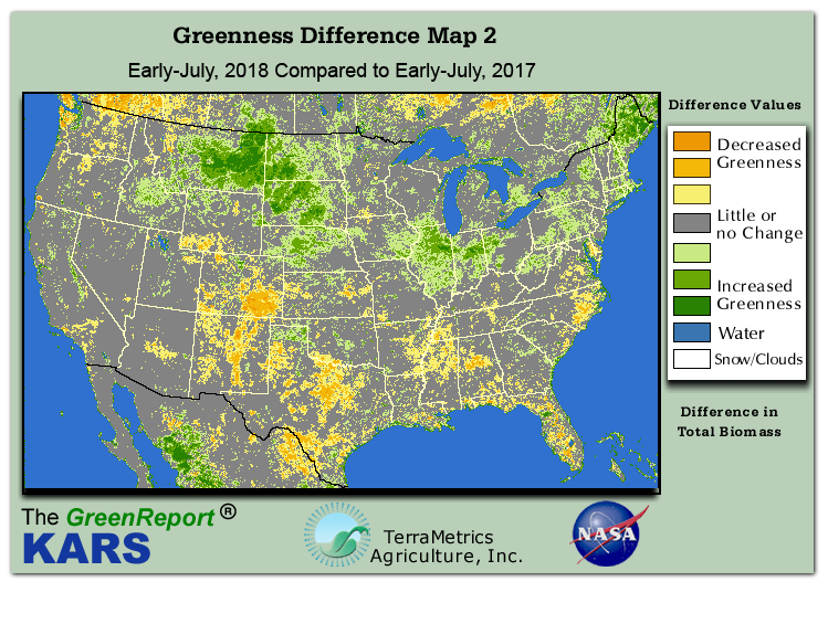 Color-coded U.S. vegetation greeness index map for Period 28 of 2018, illustrating spatial variations in plant vigor, with greener tones indicating higher biomass and browner tones indicating stressed vegetation,
              comparing current crop/vegetation change in biomass to same period from the previous year.