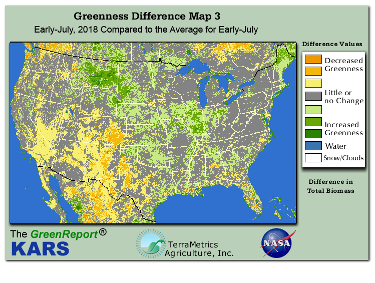 Color-coded U.S. vegetation greeness index map for Period 28 of 2018, illustrating spatial variations in plant vigor, with greener tones indicating higher biomass and browner tones indicating stressed vegetation,
              comparing current crop/vegetation change in biomass to the 20-year greenness average.