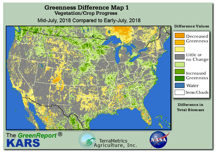 Color-coded U.S. vegetation greeness index map for Period 29 of 2018, illustrating spatial variations in plant vigor, with greener tones indicating higher biomass and browner tones indicating stressed vegetation,
              comparing current crop/vegetation change in biomass to the previous week within the same year.