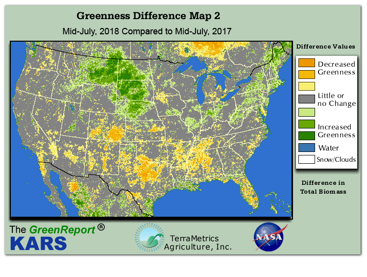 Color-coded U.S. vegetation greeness index map for Period 29 of 2018, illustrating spatial variations in plant vigor, with greener tones indicating higher biomass and browner tones indicating stressed vegetation,
              comparing current crop/vegetation change in biomass to same period from the previous year.