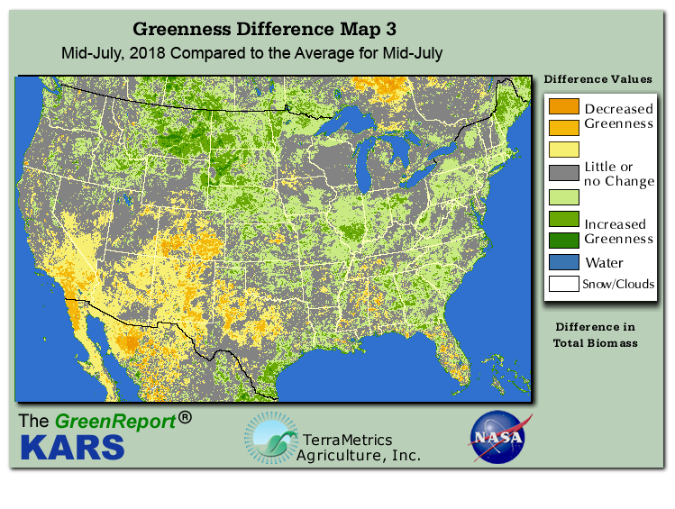 Color-coded U.S. vegetation greeness index map for Period 29 of 2018, illustrating spatial variations in plant vigor, with greener tones indicating higher biomass and browner tones indicating stressed vegetation,
              comparing current crop/vegetation change in biomass to the 20-year greenness average.