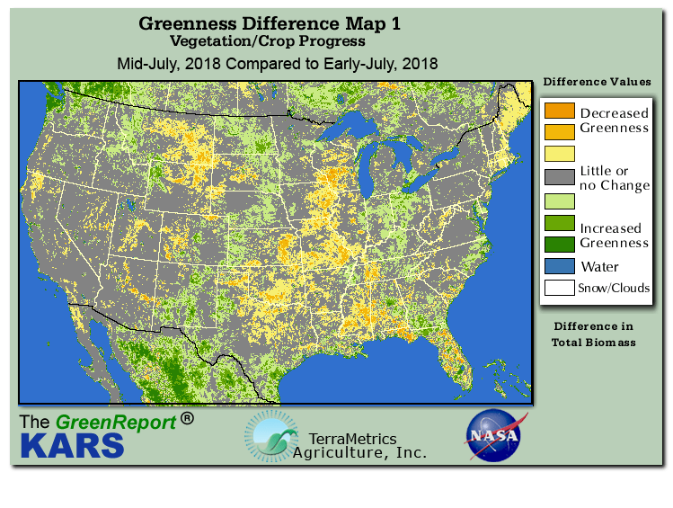 Color-coded U.S. vegetation greeness index map for Period 30 of 2018, illustrating spatial variations in plant vigor, with greener tones indicating higher biomass and browner tones indicating stressed vegetation,
              comparing current crop/vegetation change in biomass to the previous week within the same year.