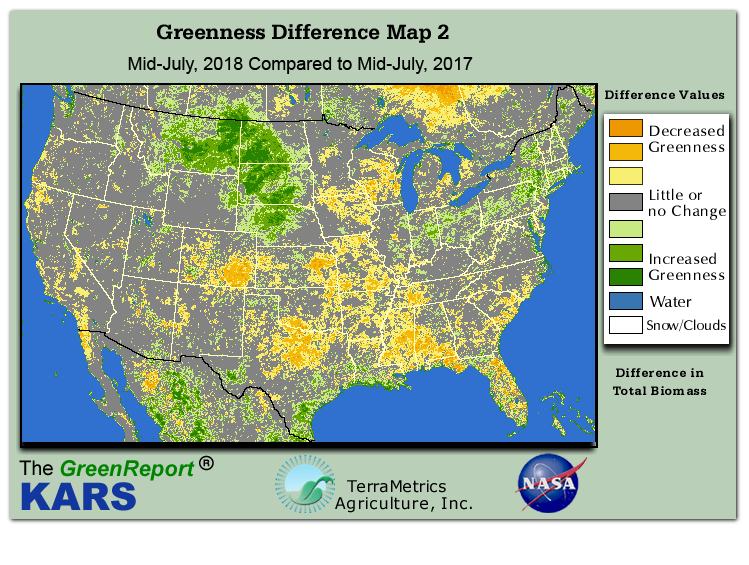 Color-coded U.S. vegetation greeness index map for Period 30 of 2018, illustrating spatial variations in plant vigor, with greener tones indicating higher biomass and browner tones indicating stressed vegetation,
              comparing current crop/vegetation change in biomass to same period from the previous year.