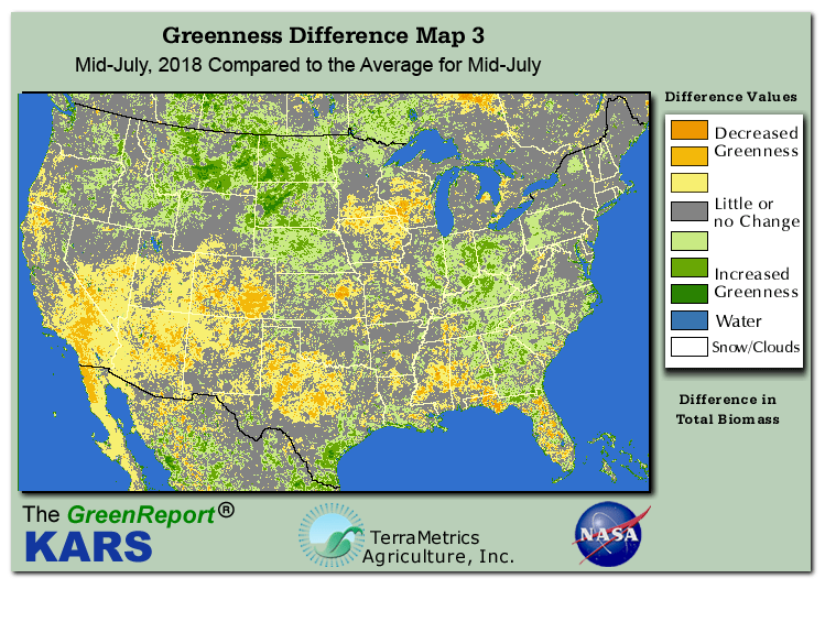 Color-coded U.S. vegetation greeness index map for Period 30 of 2018, illustrating spatial variations in plant vigor, with greener tones indicating higher biomass and browner tones indicating stressed vegetation,
              comparing current crop/vegetation change in biomass to the 20-year greenness average.
