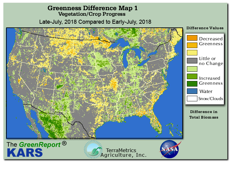 Color-coded U.S. vegetation greeness index map for Period 31 of 2018, illustrating spatial variations in plant vigor, with greener tones indicating higher biomass and browner tones indicating stressed vegetation,
              comparing current crop/vegetation change in biomass to the previous week within the same year.