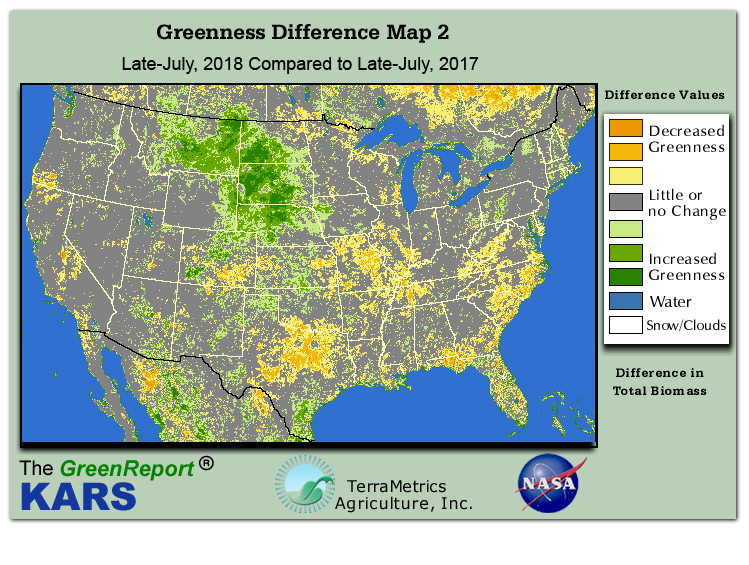 Color-coded U.S. vegetation greeness index map for Period 31 of 2018, illustrating spatial variations in plant vigor, with greener tones indicating higher biomass and browner tones indicating stressed vegetation,
              comparing current crop/vegetation change in biomass to same period from the previous year.