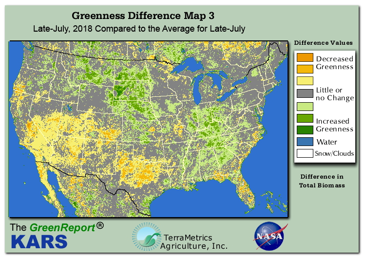 Color-coded U.S. vegetation greeness index map for Period 31 of 2018, illustrating spatial variations in plant vigor, with greener tones indicating higher biomass and browner tones indicating stressed vegetation,
              comparing current crop/vegetation change in biomass to the 20-year greenness average.