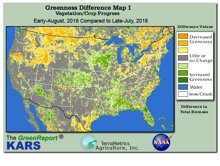 Color-coded U.S. vegetation greeness index map for Period 32 of 2018, illustrating spatial variations in plant vigor, with greener tones indicating higher biomass and browner tones indicating stressed vegetation,
              comparing current crop/vegetation change in biomass to the previous week within the same year.