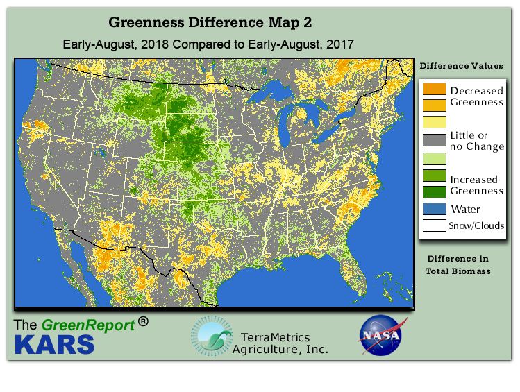 Color-coded U.S. vegetation greeness index map for Period 32 of 2018, illustrating spatial variations in plant vigor, with greener tones indicating higher biomass and browner tones indicating stressed vegetation,
              comparing current crop/vegetation change in biomass to same period from the previous year.