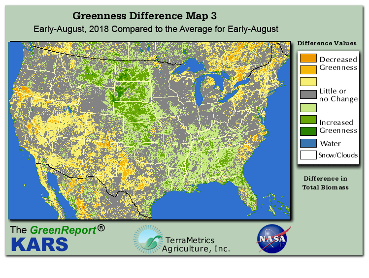 Color-coded U.S. vegetation greeness index map for Period 32 of 2018, illustrating spatial variations in plant vigor, with greener tones indicating higher biomass and browner tones indicating stressed vegetation,
              comparing current crop/vegetation change in biomass to the 20-year greenness average.