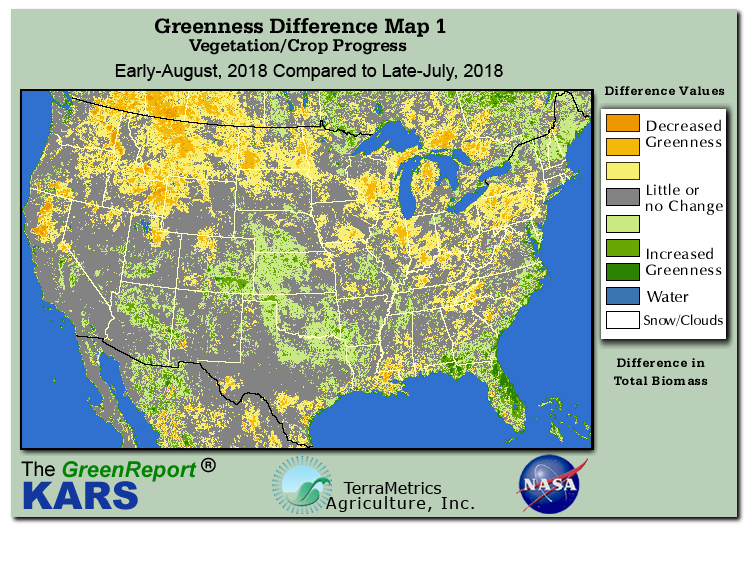 Color-coded U.S. vegetation greeness index map for Period 33 of 2018, illustrating spatial variations in plant vigor, with greener tones indicating higher biomass and browner tones indicating stressed vegetation,
              comparing current crop/vegetation change in biomass to the previous week within the same year.