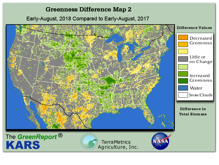 Color-coded U.S. vegetation greeness index map for Period 33 of 2018, illustrating spatial variations in plant vigor, with greener tones indicating higher biomass and browner tones indicating stressed vegetation,
              comparing current crop/vegetation change in biomass to same period from the previous year.