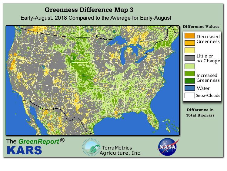 Color-coded U.S. vegetation greeness index map for Period 33 of 2018, illustrating spatial variations in plant vigor, with greener tones indicating higher biomass and browner tones indicating stressed vegetation,
              comparing current crop/vegetation change in biomass to the 20-year greenness average.