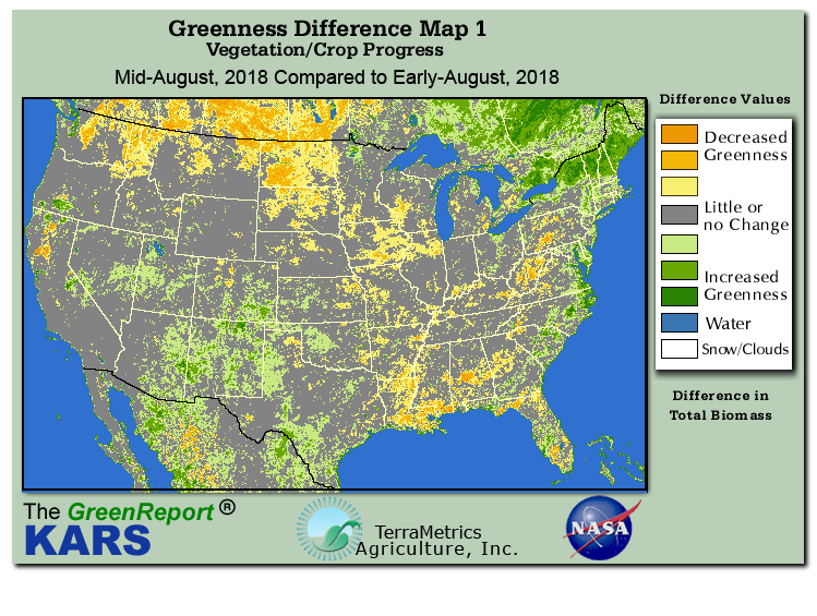 Color-coded U.S. vegetation greeness index map for Period 34 of 2018, illustrating spatial variations in plant vigor, with greener tones indicating higher biomass and browner tones indicating stressed vegetation,
              comparing current crop/vegetation change in biomass to the previous week within the same year.