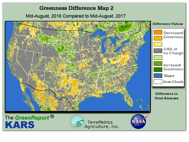 Color-coded U.S. vegetation greeness index map for Period 34 of 2018, illustrating spatial variations in plant vigor, with greener tones indicating higher biomass and browner tones indicating stressed vegetation,
              comparing current crop/vegetation change in biomass to same period from the previous year.
