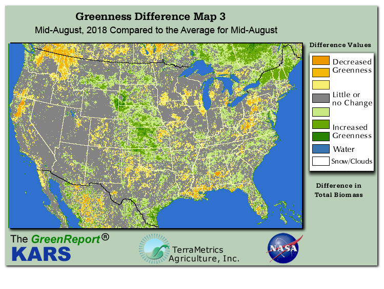 Color-coded U.S. vegetation greeness index map for Period 34 of 2018, illustrating spatial variations in plant vigor, with greener tones indicating higher biomass and browner tones indicating stressed vegetation,
              comparing current crop/vegetation change in biomass to the 20-year greenness average.