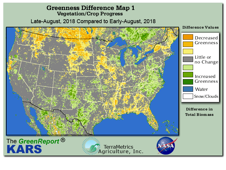 Color-coded U.S. vegetation greeness index map for Period 35 of 2018, illustrating spatial variations in plant vigor, with greener tones indicating higher biomass and browner tones indicating stressed vegetation,
              comparing current crop/vegetation change in biomass to the previous week within the same year.