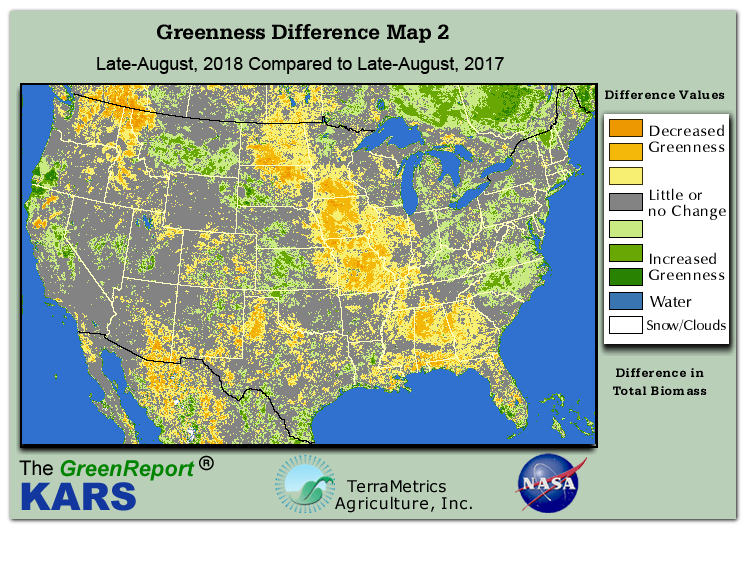 Color-coded U.S. vegetation greeness index map for Period 35 of 2018, illustrating spatial variations in plant vigor, with greener tones indicating higher biomass and browner tones indicating stressed vegetation,
              comparing current crop/vegetation change in biomass to same period from the previous year.