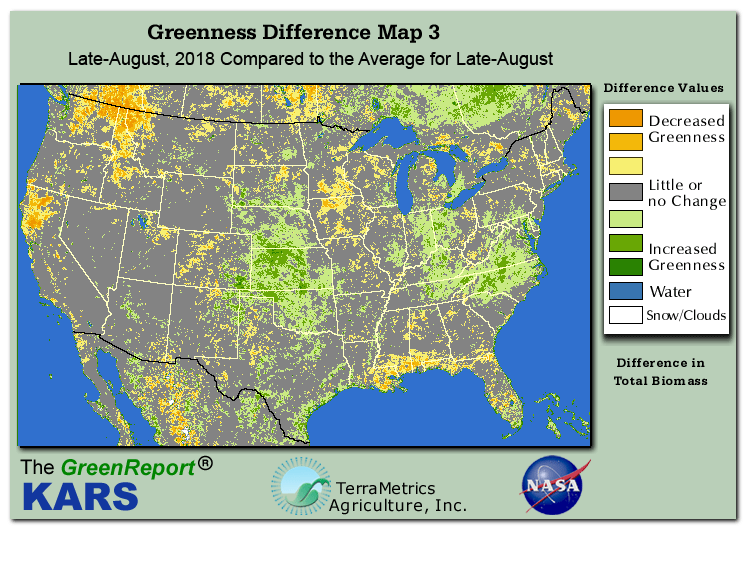 Color-coded U.S. vegetation greeness index map for Period 35 of 2018, illustrating spatial variations in plant vigor, with greener tones indicating higher biomass and browner tones indicating stressed vegetation,
              comparing current crop/vegetation change in biomass to the 20-year greenness average.
