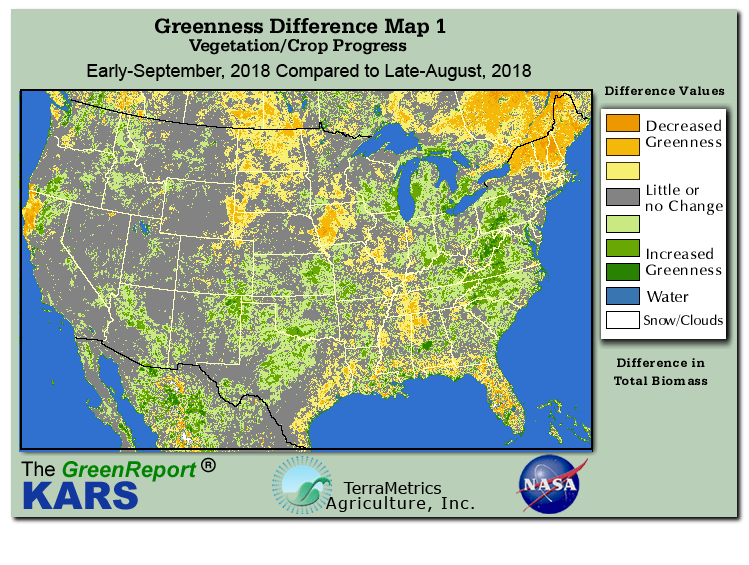 Color-coded U.S. vegetation greeness index map for Period 36 of 2018, illustrating spatial variations in plant vigor, with greener tones indicating higher biomass and browner tones indicating stressed vegetation,
              comparing current crop/vegetation change in biomass to the previous week within the same year.