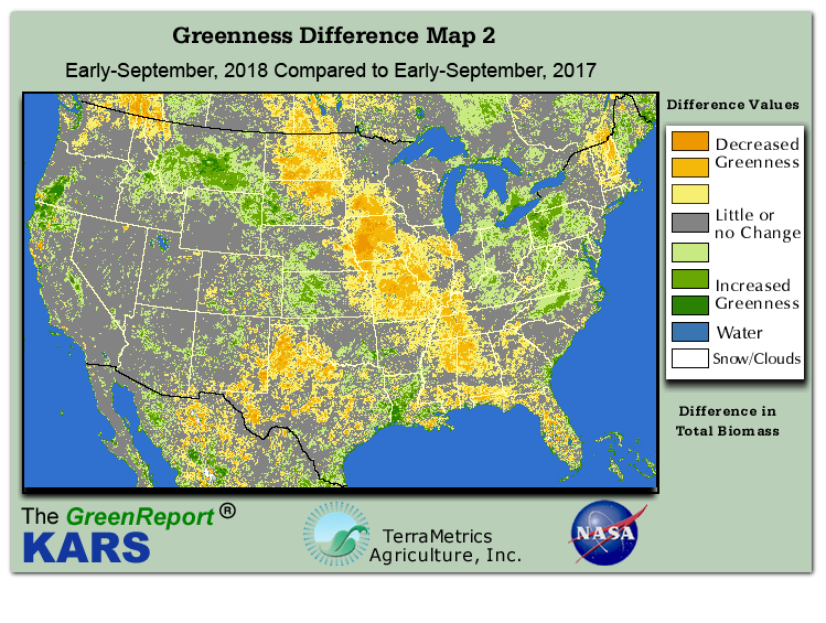 Color-coded U.S. vegetation greeness index map for Period 36 of 2018, illustrating spatial variations in plant vigor, with greener tones indicating higher biomass and browner tones indicating stressed vegetation,
              comparing current crop/vegetation change in biomass to same period from the previous year.