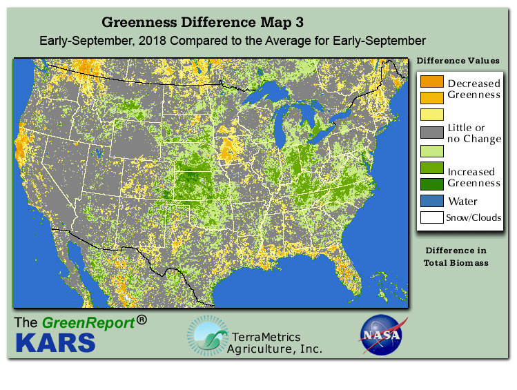 Color-coded U.S. vegetation greeness index map for Period 36 of 2018, illustrating spatial variations in plant vigor, with greener tones indicating higher biomass and browner tones indicating stressed vegetation,
              comparing current crop/vegetation change in biomass to the 20-year greenness average.